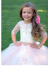 Elbow Sleeves Beaded Lace Tulle Buttons Back Flower Girl Dress